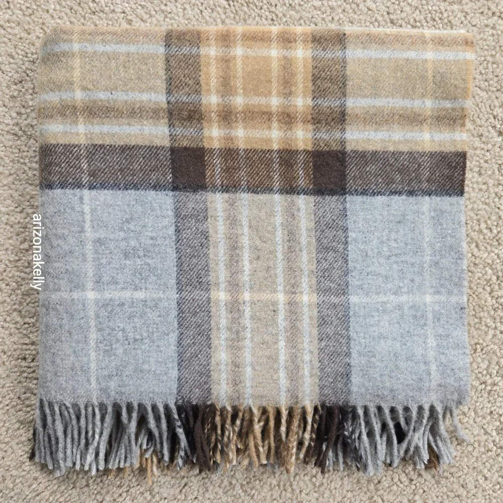 NWOT Bronte By Moon Merino Wool Wrap Plaid Tan Brown & Grey